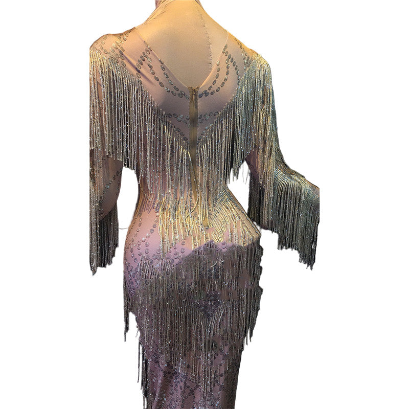 Rhinestone Tassel Mesh Elastic Thin Latin Dance Skirt - Mi tienda