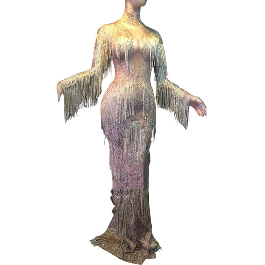 Rhinestone Tassel Mesh Elastic Thin Latin Dance Skirt - Mi tienda