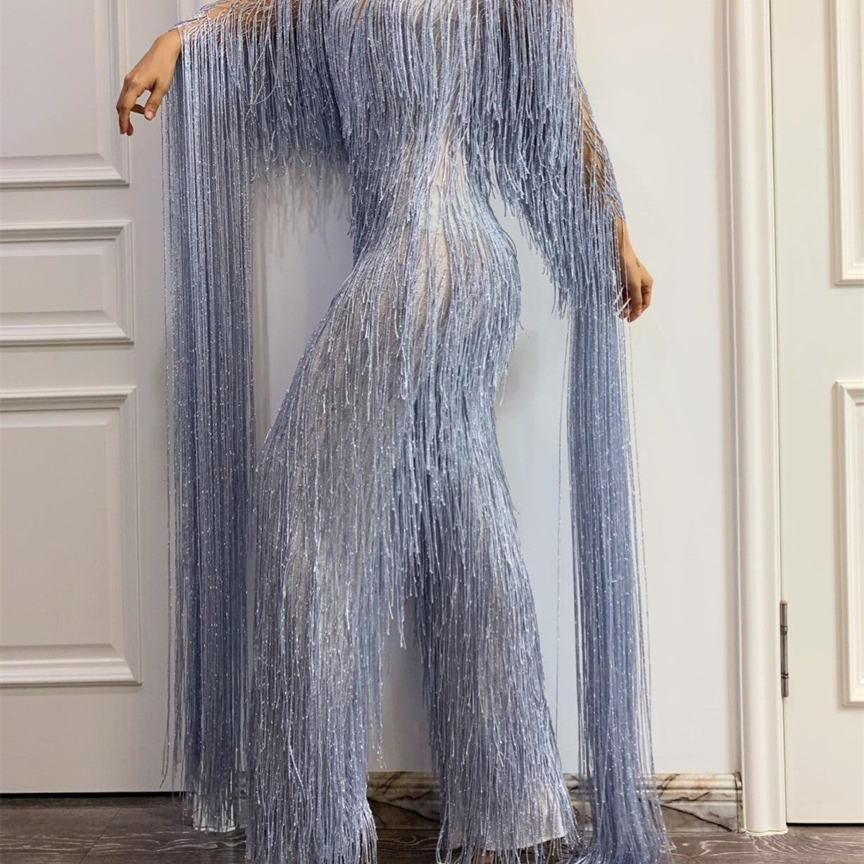 Rhinestone Fringed Mesh Elastic Thin Latin Dance Skirt Dress