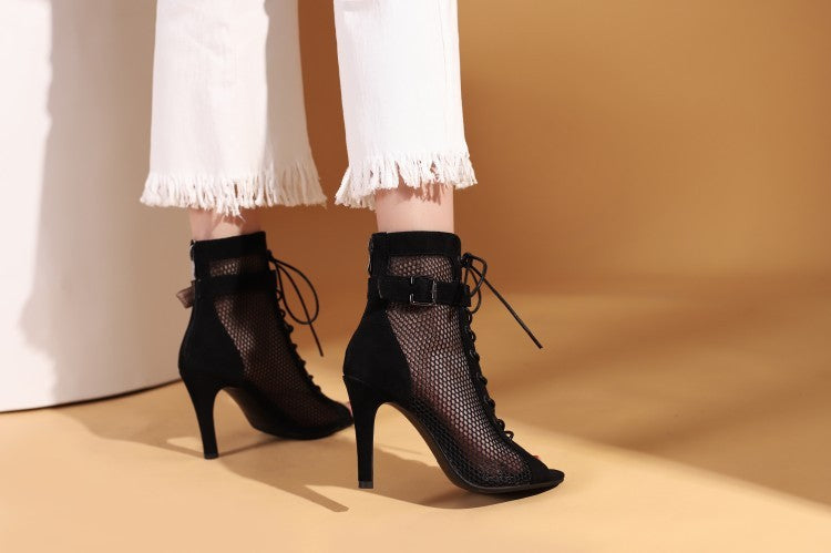 Stylish Peep Toe Hollow Mesh Cross Lace-up Buckle Dance High Heels - Mi tienda