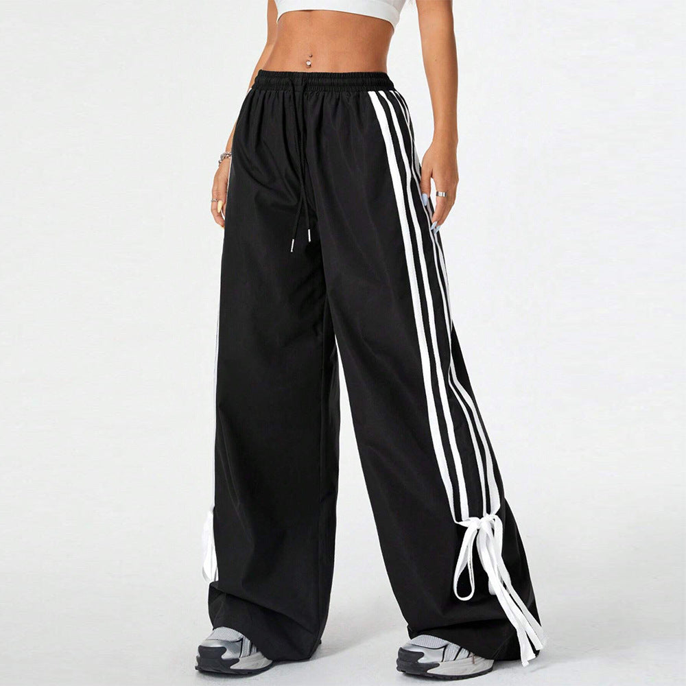 High Waist Wide Leg Pants Women's Spring Summer New Style Three Bars Drawstring Cuffed Straight Casual Extended Sports Trousers - Mi tienda