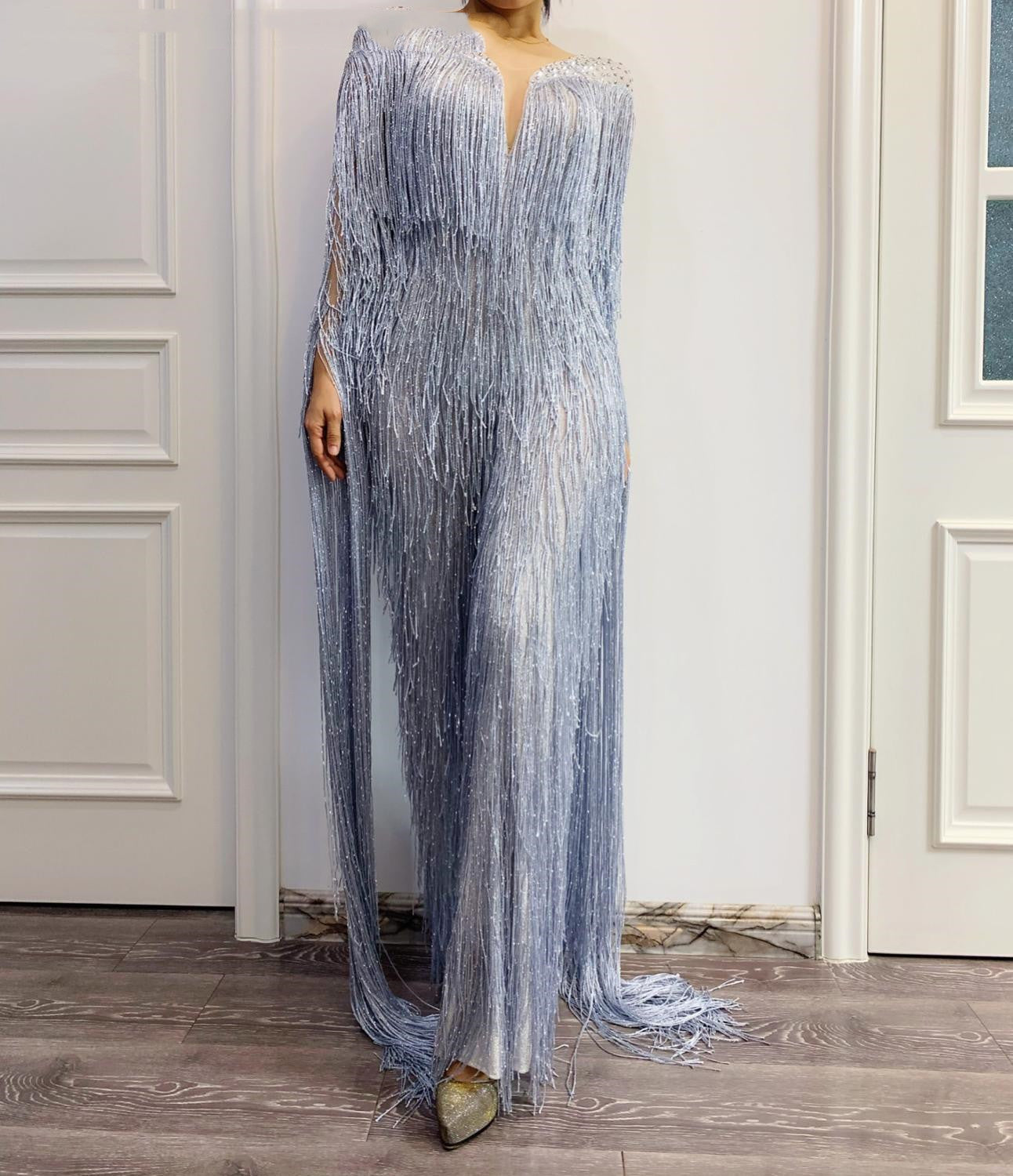 Rhinestone Fringed Mesh Elastic Thin Latin Dance Skirt Dress