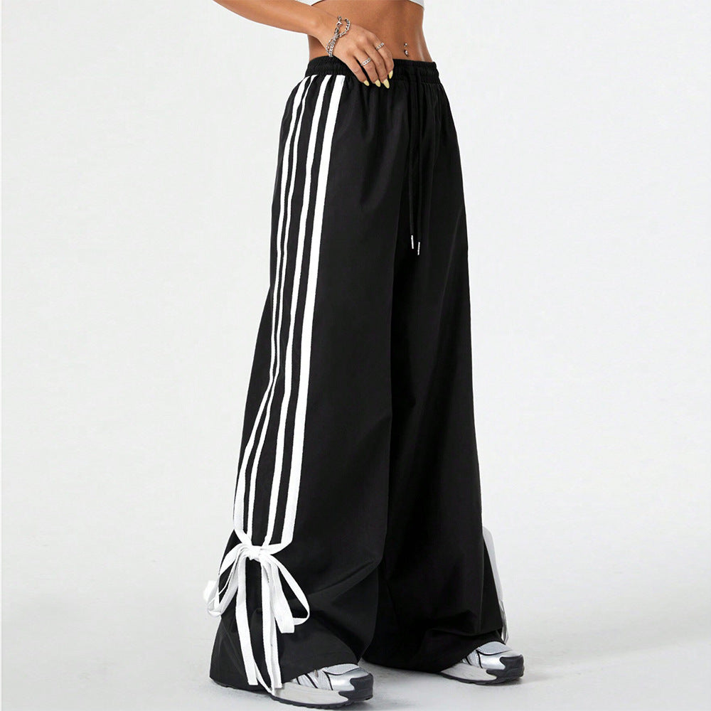 High Waist Wide Leg Pants Women's Spring Summer New Style Three Bars Drawstring Cuffed Straight Casual Extended Sports Trousers - Mi tienda