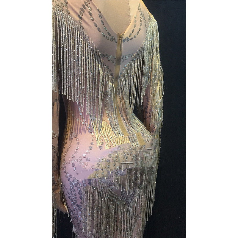 Rhinestone Tassel Mesh Elastic Thin Latin Dance Skirt - Mi tienda
