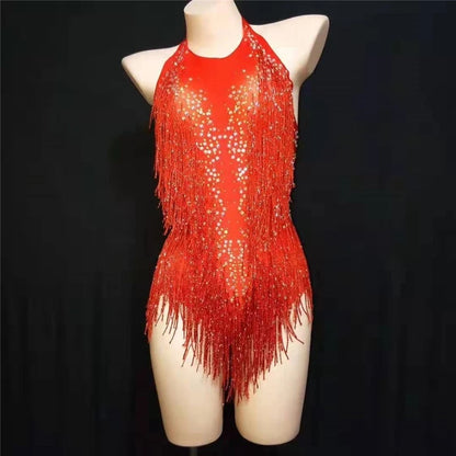 Rhinestone Tassel Mesh Elastic Thin Latin Dance - Mi tienda