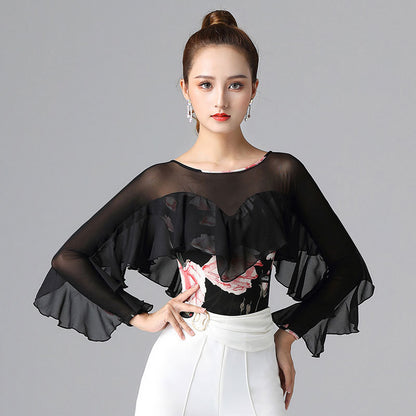 Long-sleeved Dance Dress Lotus Leaf One-piece White Waltz Latin Top
