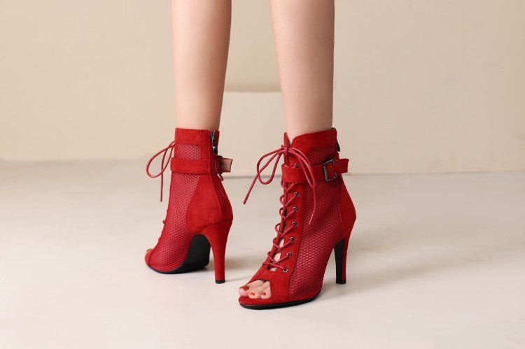 Stylish Peep Toe Hollow Mesh Cross Lace-up Buckle Dance High Heels - Mi tienda
