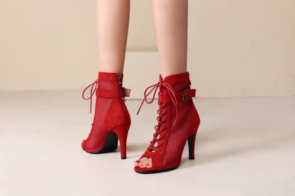 Stylish Peep Toe Hollow Mesh Cross Lace-up Buckle Dance High Heels - Mi tienda