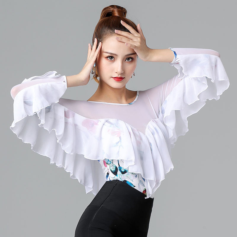 Long-sleeved Dance Dress Lotus Leaf One-piece White Waltz Latin Top
