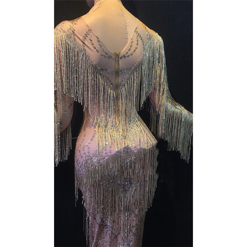 Rhinestone Tassel Mesh Elastic Thin Latin Dance Skirt - Mi tienda