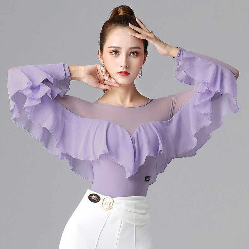 Long-sleeved Dance Dress Lotus Leaf One-piece White Waltz Latin Top