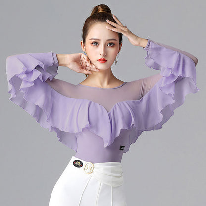 Long-sleeved Dance Dress Lotus Leaf One-piece White Waltz Latin Top