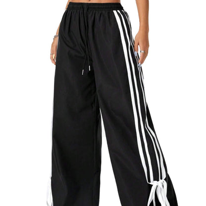 High Waist Wide Leg Pants Women's Spring Summer New Style Three Bars Drawstring Cuffed Straight Casual Extended Sports Trousers - Mi tienda