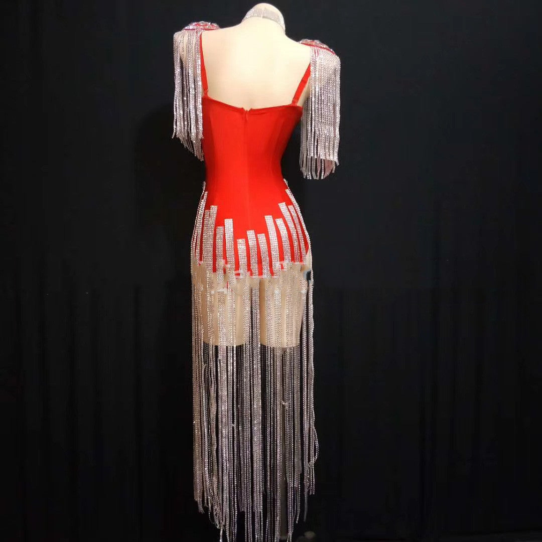 Rhinestone Tassel Mesh Elastic Thin Latin Dance Skirt - Mi tienda