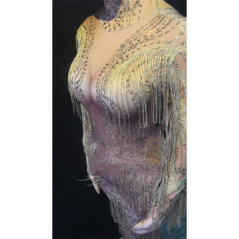Rhinestone Tassel Mesh Elastic Thin Latin Dance Skirt - Mi tienda