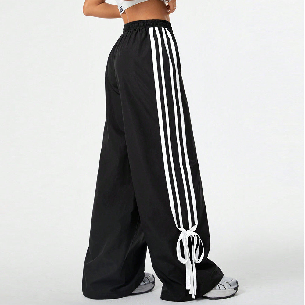 High Waist Wide Leg Pants Women's Spring Summer New Style Three Bars Drawstring Cuffed Straight Casual Extended Sports Trousers - Mi tienda
