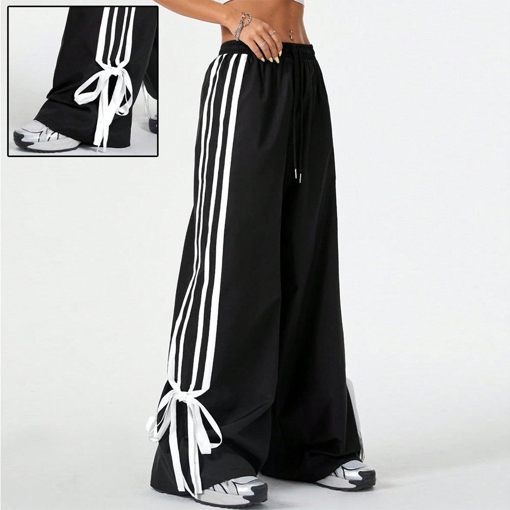 High Waist Wide Leg Pants Women's Spring Summer New Style Three Bars Drawstring Cuffed Straight Casual Extended Sports Trousers - Mi tienda