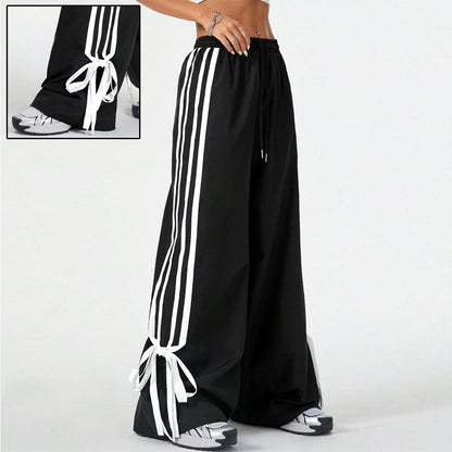 High Waist Wide Leg Pants Women's Spring Summer New Style Three Bars Drawstring Cuffed Straight Casual Extended Sports Trousers - Mi tienda