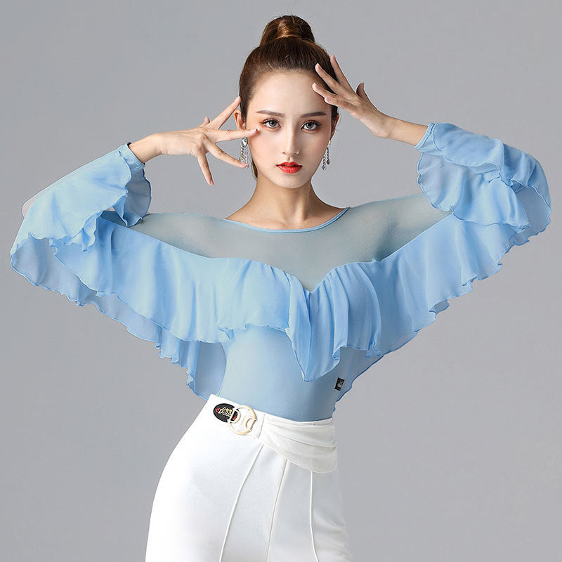 Long-sleeved Dance Dress Lotus Leaf One-piece White Waltz Latin Top
