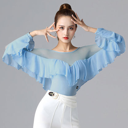 Long-sleeved Dance Dress Lotus Leaf One-piece White Waltz Latin Top
