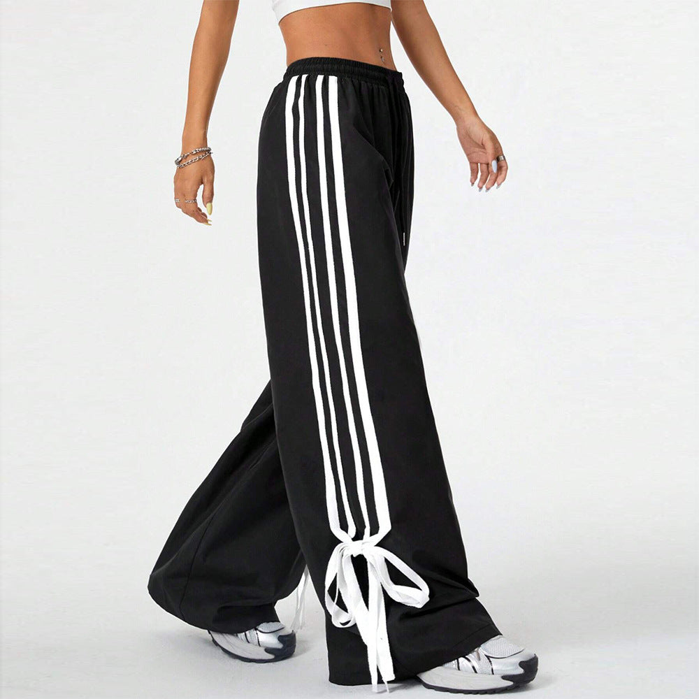 High Waist Wide Leg Pants Women's Spring Summer New Style Three Bars Drawstring Cuffed Straight Casual Extended Sports Trousers - Mi tienda