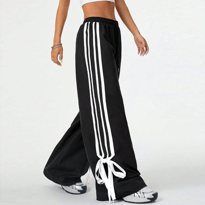 High Waist Wide Leg Pants Women's Spring Summer New Style Three Bars Drawstring Cuffed Straight Casual Extended Sports Trousers - Mi tienda