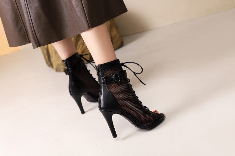 Stylish Peep Toe Hollow Mesh Cross Lace-up Buckle Dance High Heels - Mi tienda