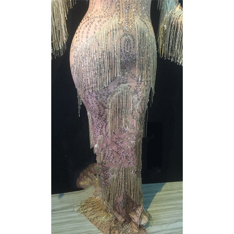 Rhinestone Tassel Mesh Elastic Thin Latin Dance Skirt - Mi tienda