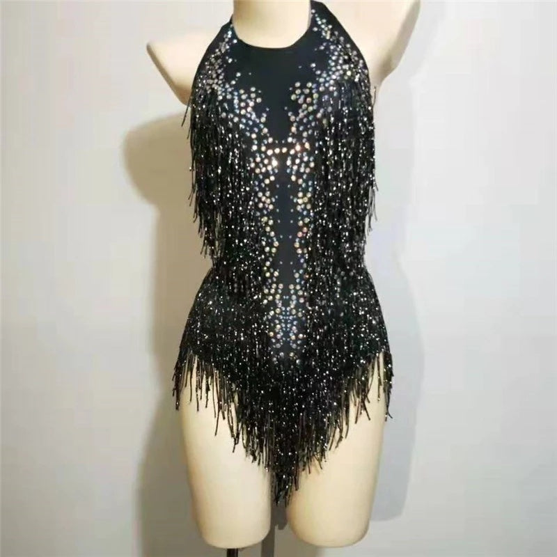 Rhinestone Tassel Mesh Elastic Thin Latin Dance - Mi tienda