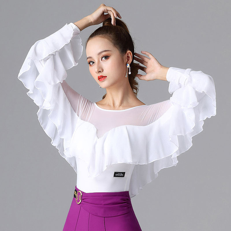Long-sleeved Dance Dress Lotus Leaf One-piece White Waltz Latin Top