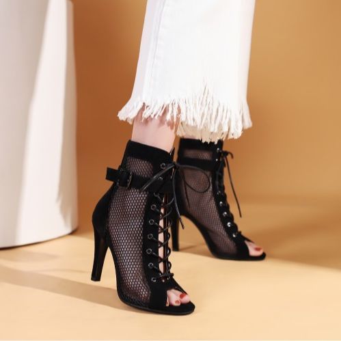 Stylish Peep Toe Hollow Mesh Cross Lace-up Buckle Dance High Heels - Mi tienda
