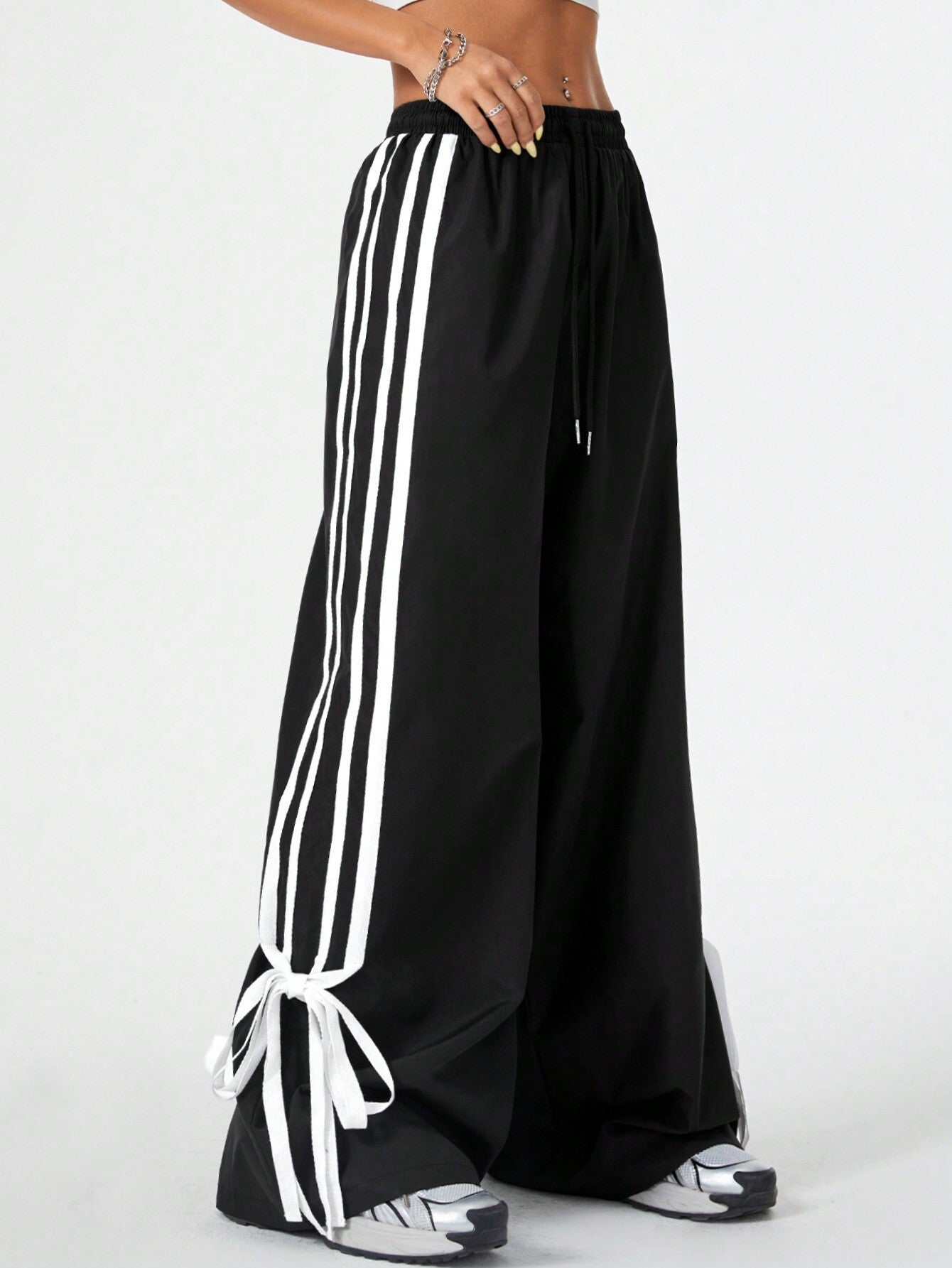 High Waist Wide Leg Pants Women's Spring Summer New Style Three Bars Drawstring Cuffed Straight Casual Extended Sports Trousers - Mi tienda