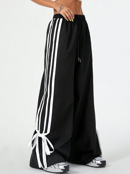 High Waist Wide Leg Pants Women's Spring Summer New Style Three Bars Drawstring Cuffed Straight Casual Extended Sports Trousers - Mi tienda