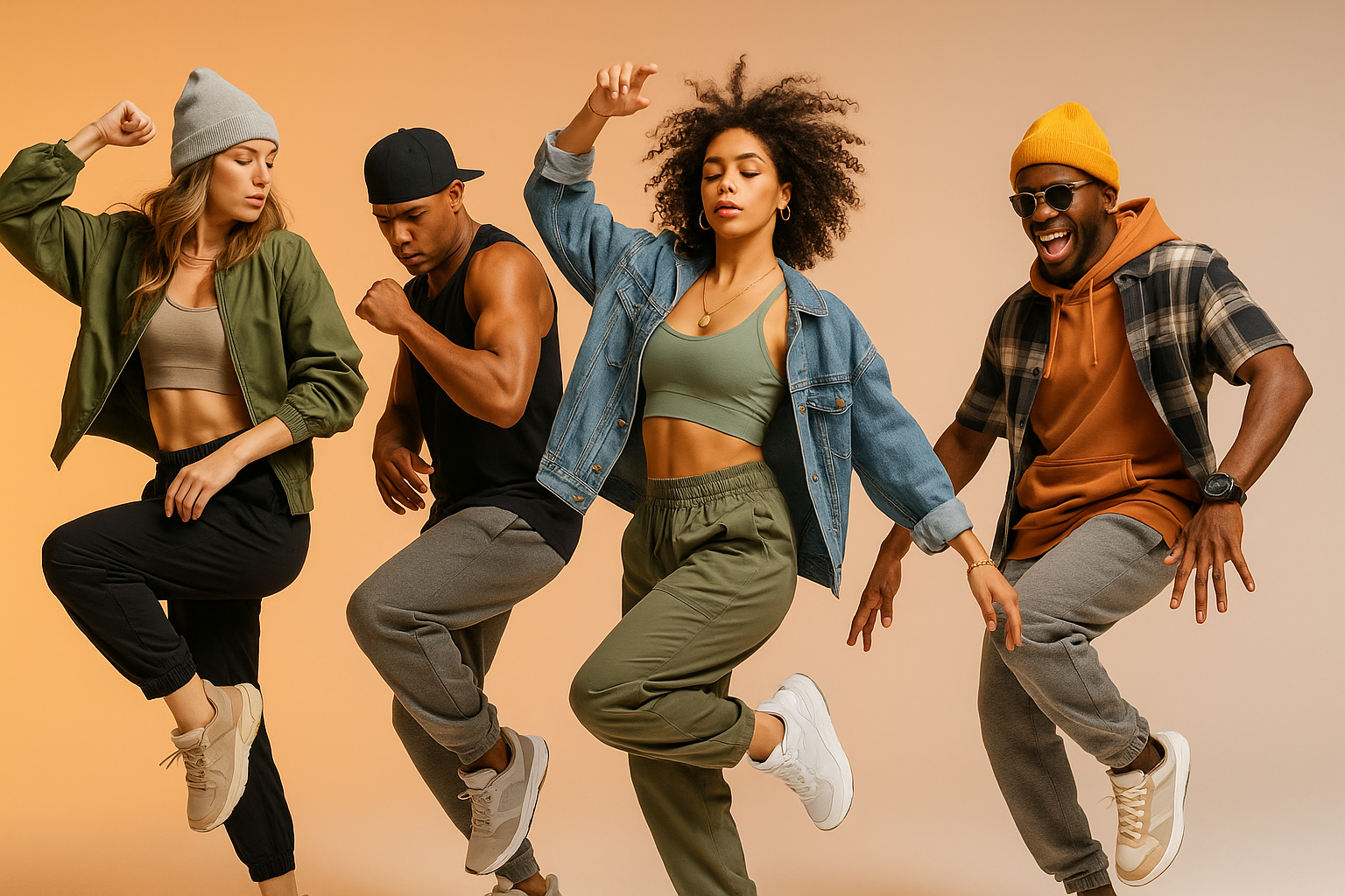 genera imagen donde aparecen bailarines usando los productos seleccionados para portada de pagina web