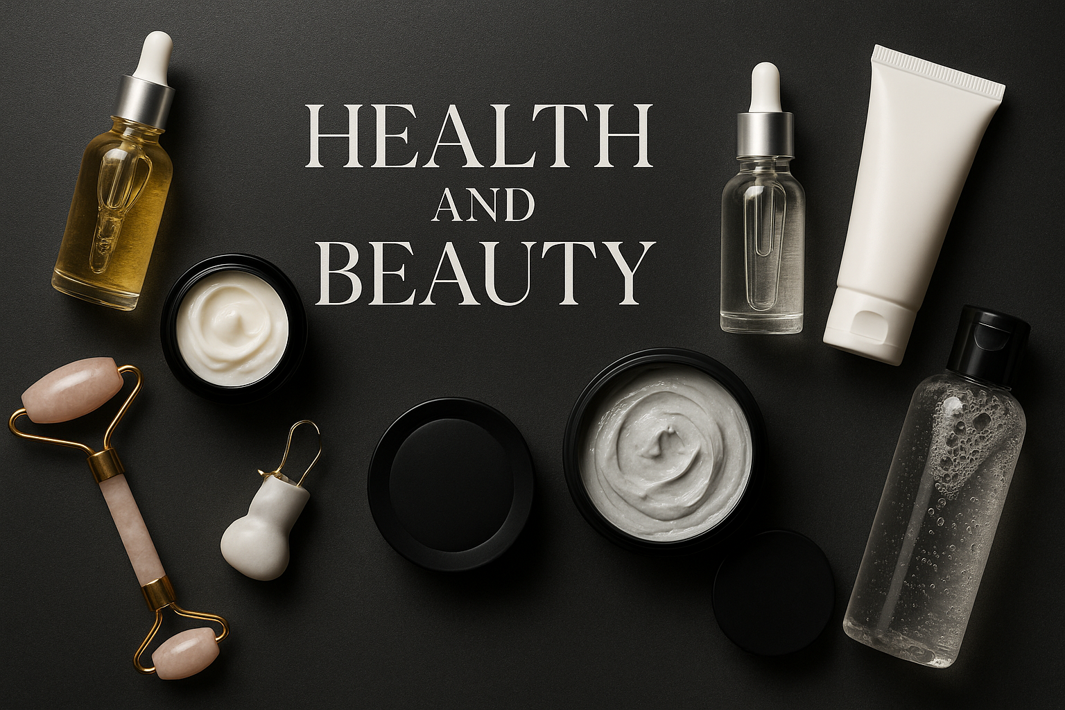 IMAGEN PARA BANNER DE PORTADA DE LA CATEGORIA HEALTH AND BEAUTY DE LA TIENDA MONROESTORE.US INCLUIR LOS PRODUCTOS DE SKINCARE Y CON FONDO NEGRO ESCARCHADO