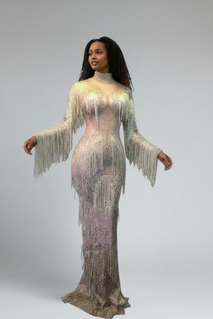 Rhinestone Tassel Mesh Elastic Thin Latin Dance Skirt